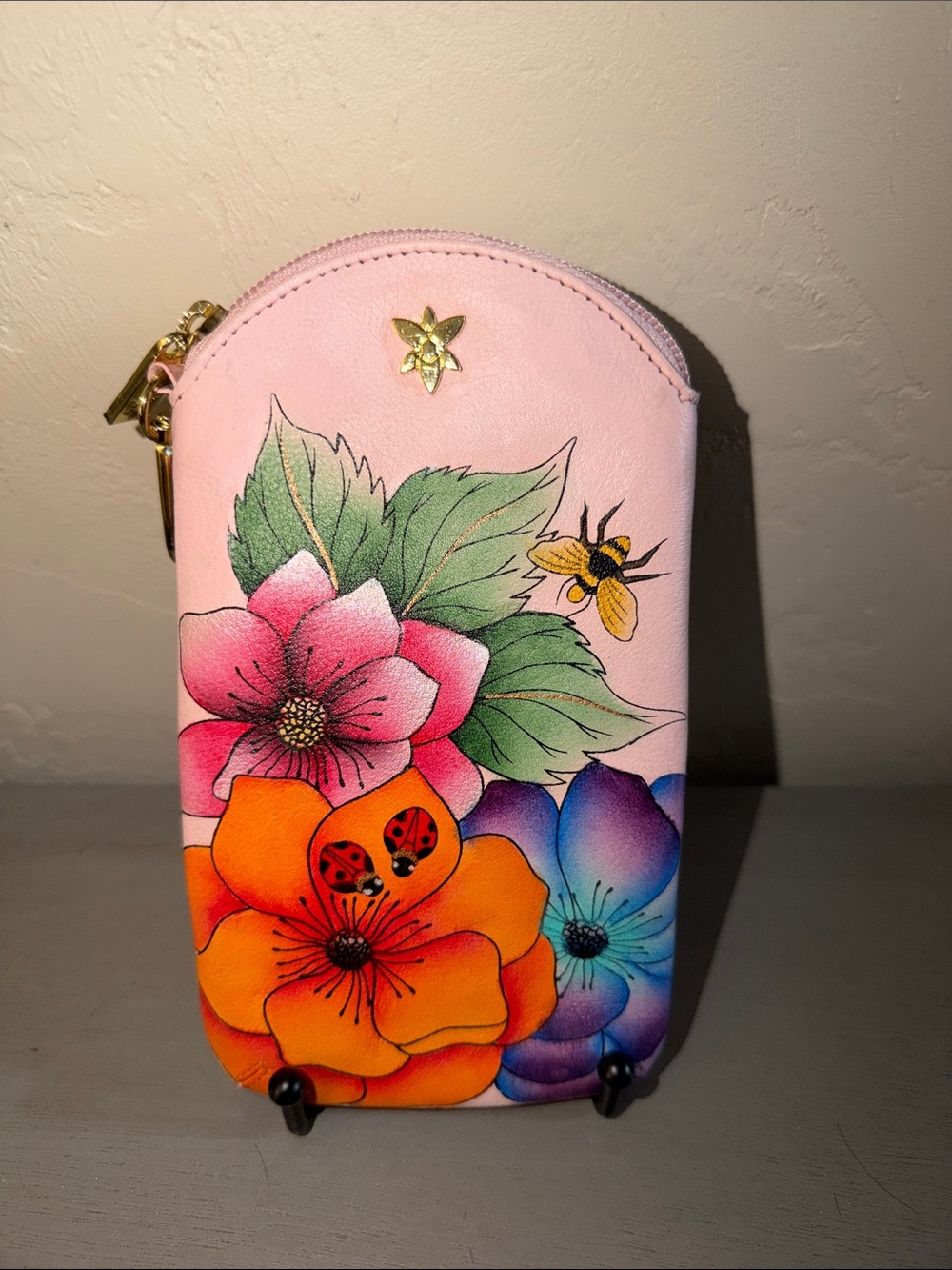 Anuschka Pink Floral Painted Glasses Pouch with Multicolor Blooms